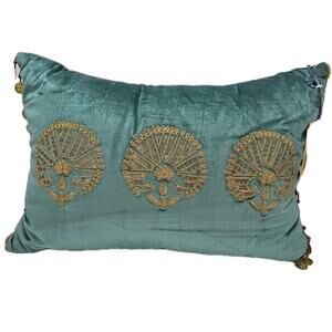 "Enchanted Damask" Teal Velvet Lumbar Pillow Embroidered Gold Coin Tassels NWT